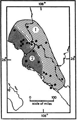 Map 1. Geographic distribution of
Perognathus goldmani. The black dots
are known localities of occurrence.

1. P. g. artus

2. P. g. goldmani
